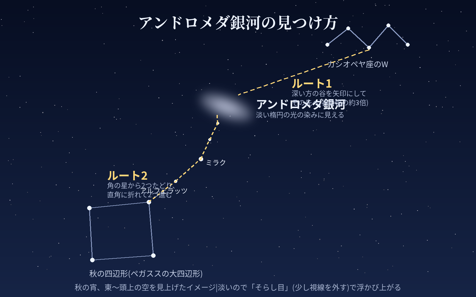 アンドロメダ銀河の見つけ方の図解。カシオペヤ座のWの谷が指す方向と、秋の四辺形から星をたどる2ルート