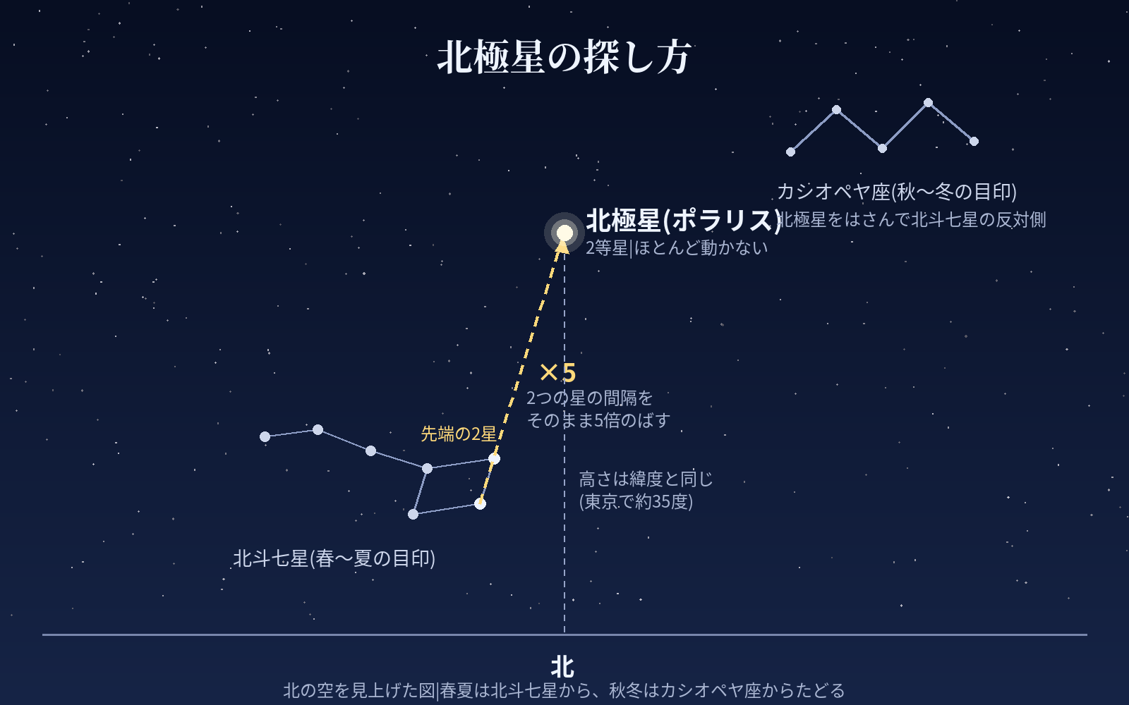 北極星の探し方の図解。北斗七星のひしゃくの先の2星を5倍のばすと北極星に届く